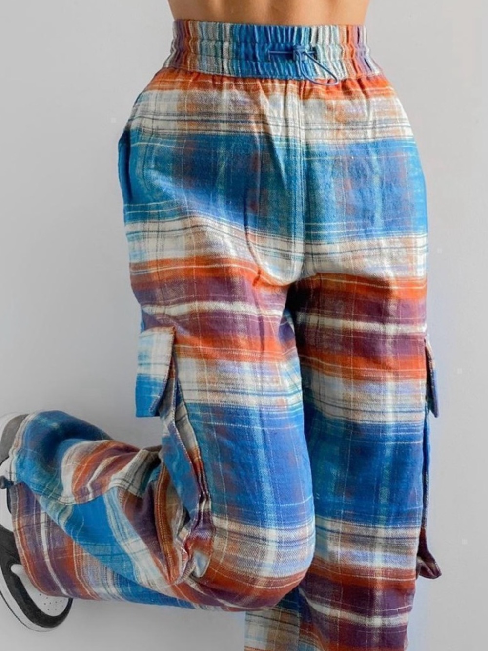 Urban Outfitters BDG Plaid Wide-Leg Cargo Pants in Blue & Orange NWOT